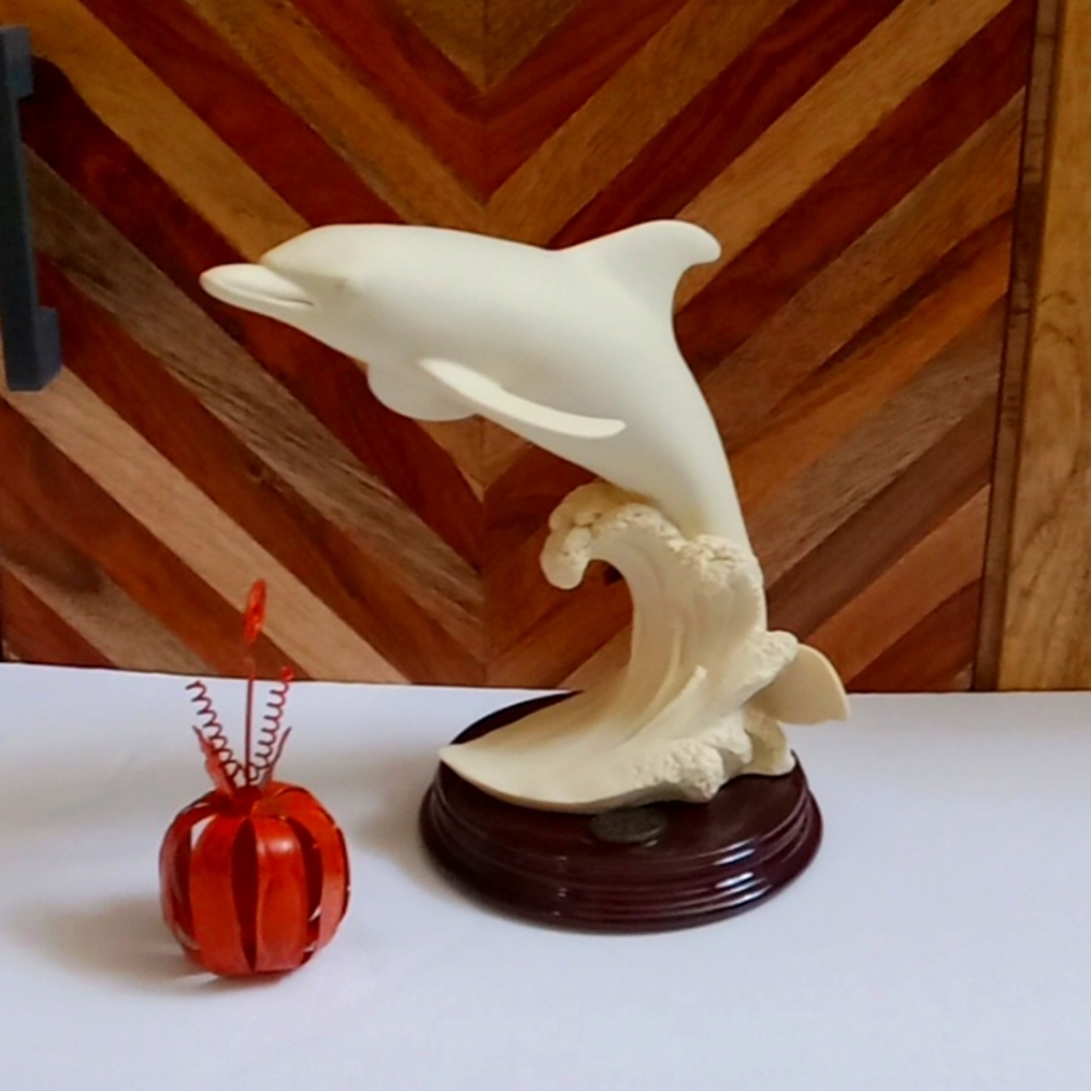 Dolphin Statue Off White On Brown Base Glass Beautiful Jump